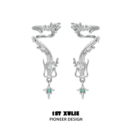 Intricate 1STXULIE dragon ear cuff jewelry with silver finish and turquoise accents