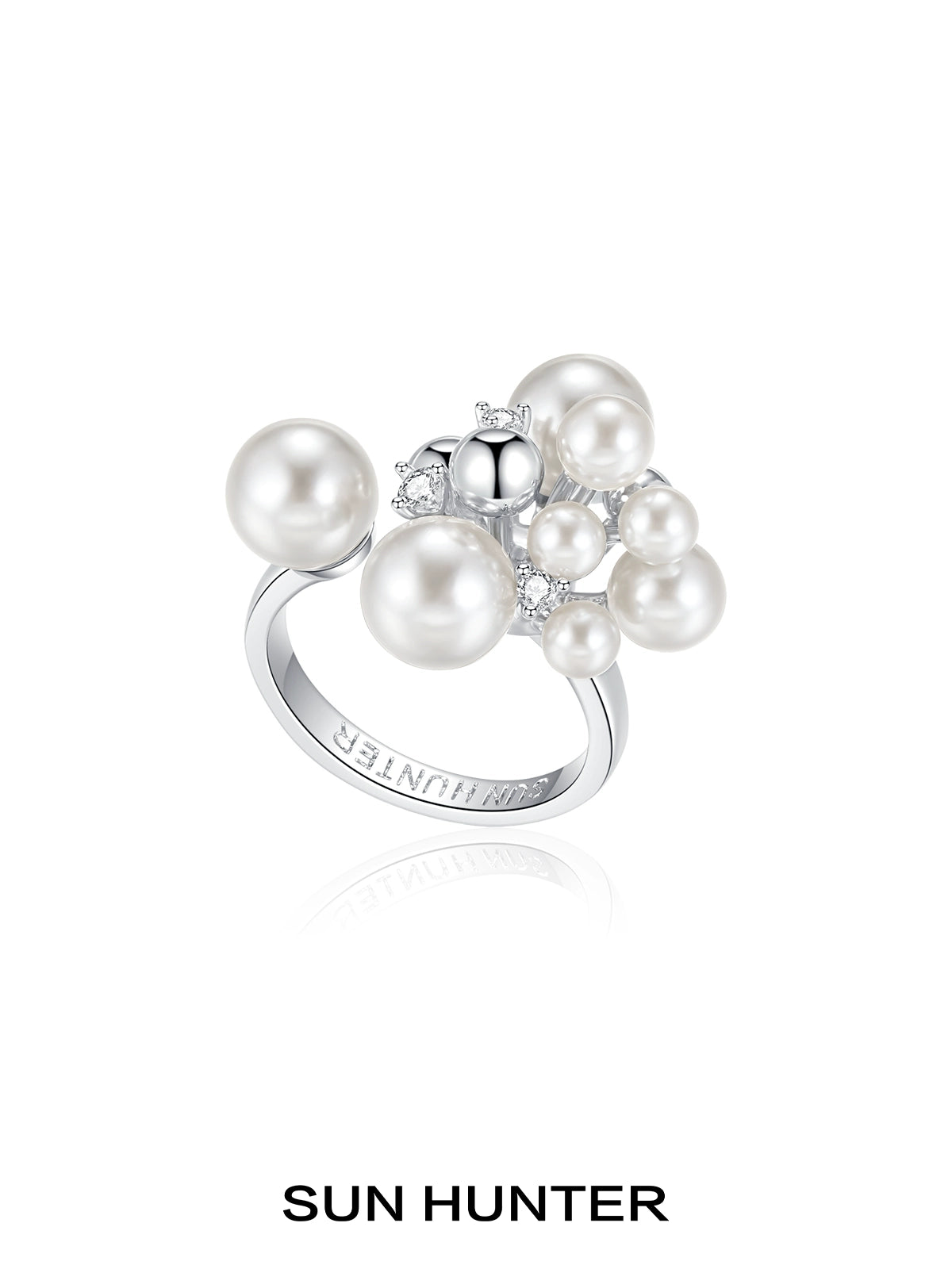 SUN HUNTER elegant pearl statement ring featuring multiple lustrous pearls and sparkling accents