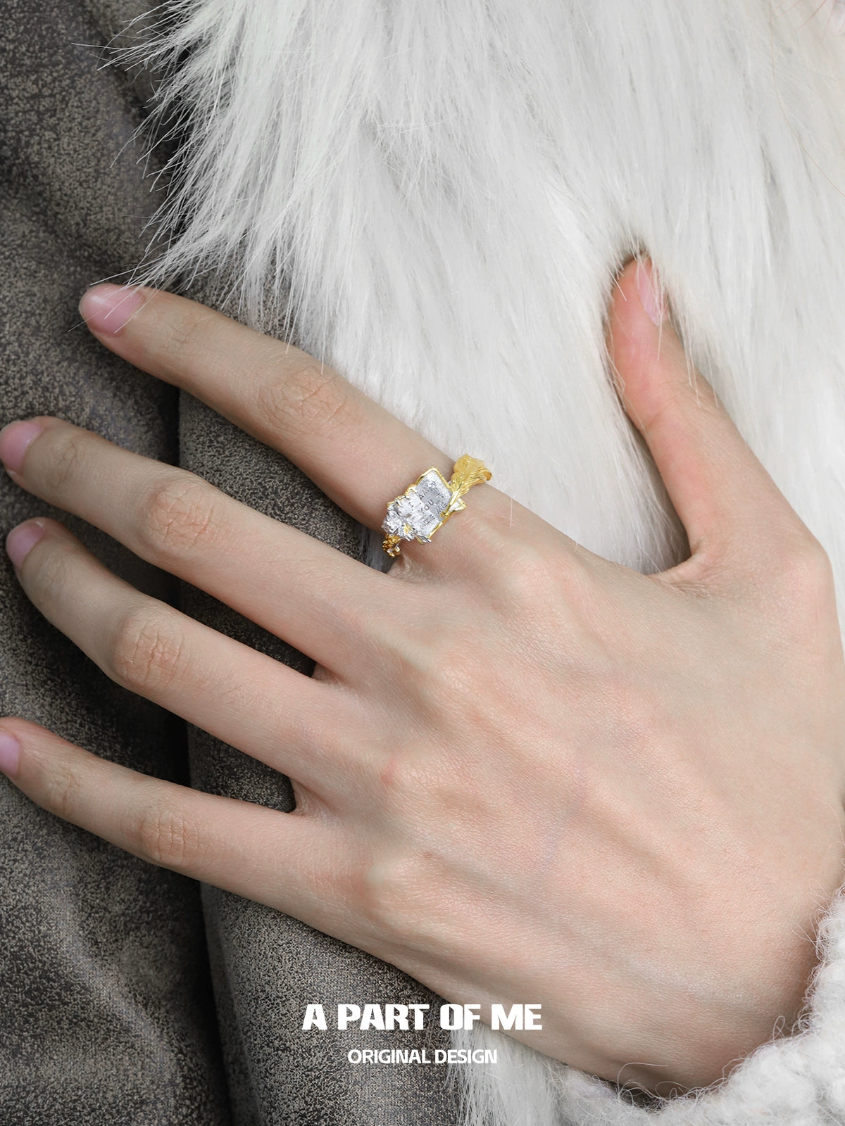 A PART OF ME feather rose engraved ring featuring a delicate floral design and gold accents