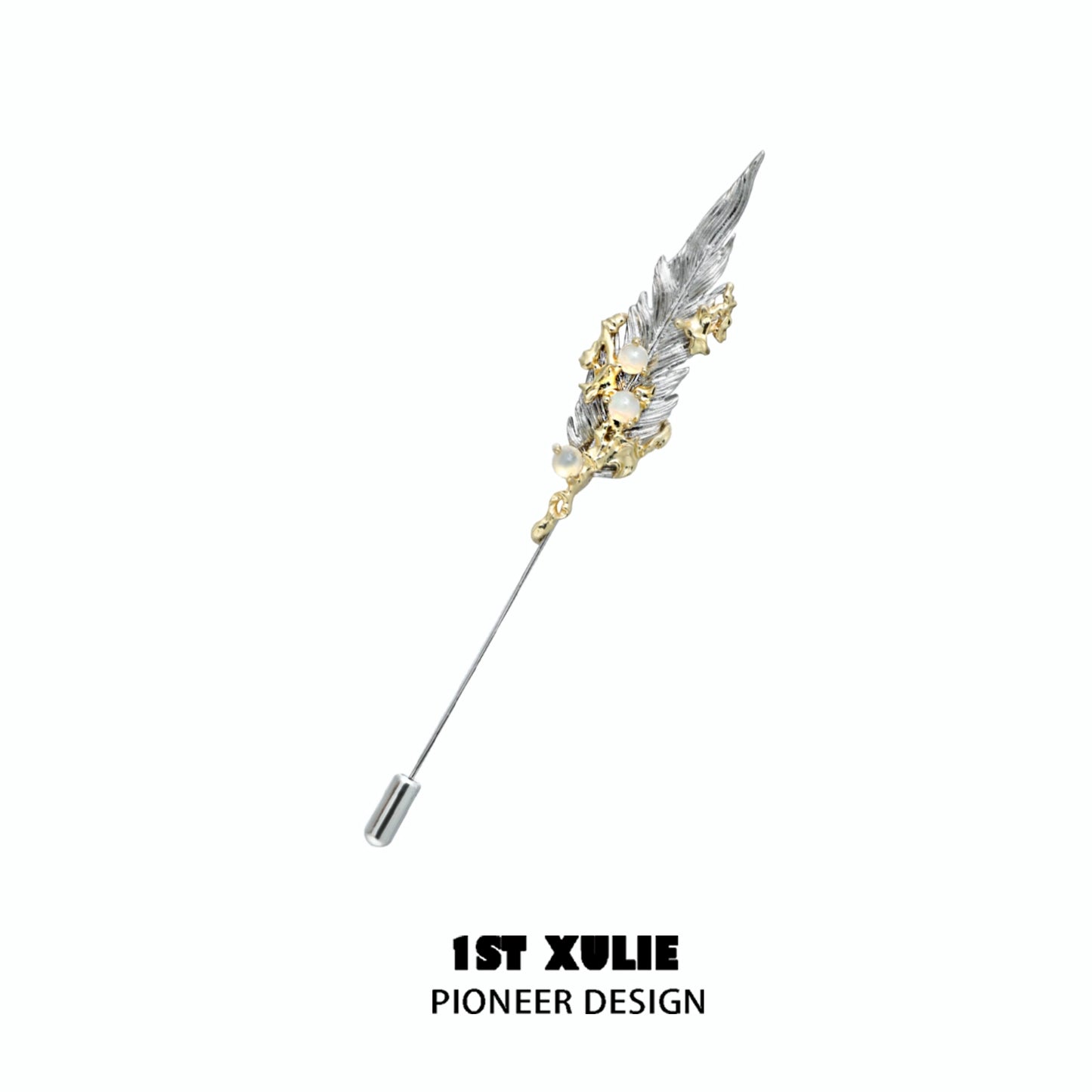 Elegant feather couple brooch by 1ST XULIE with intricate gold detailing and silver accents