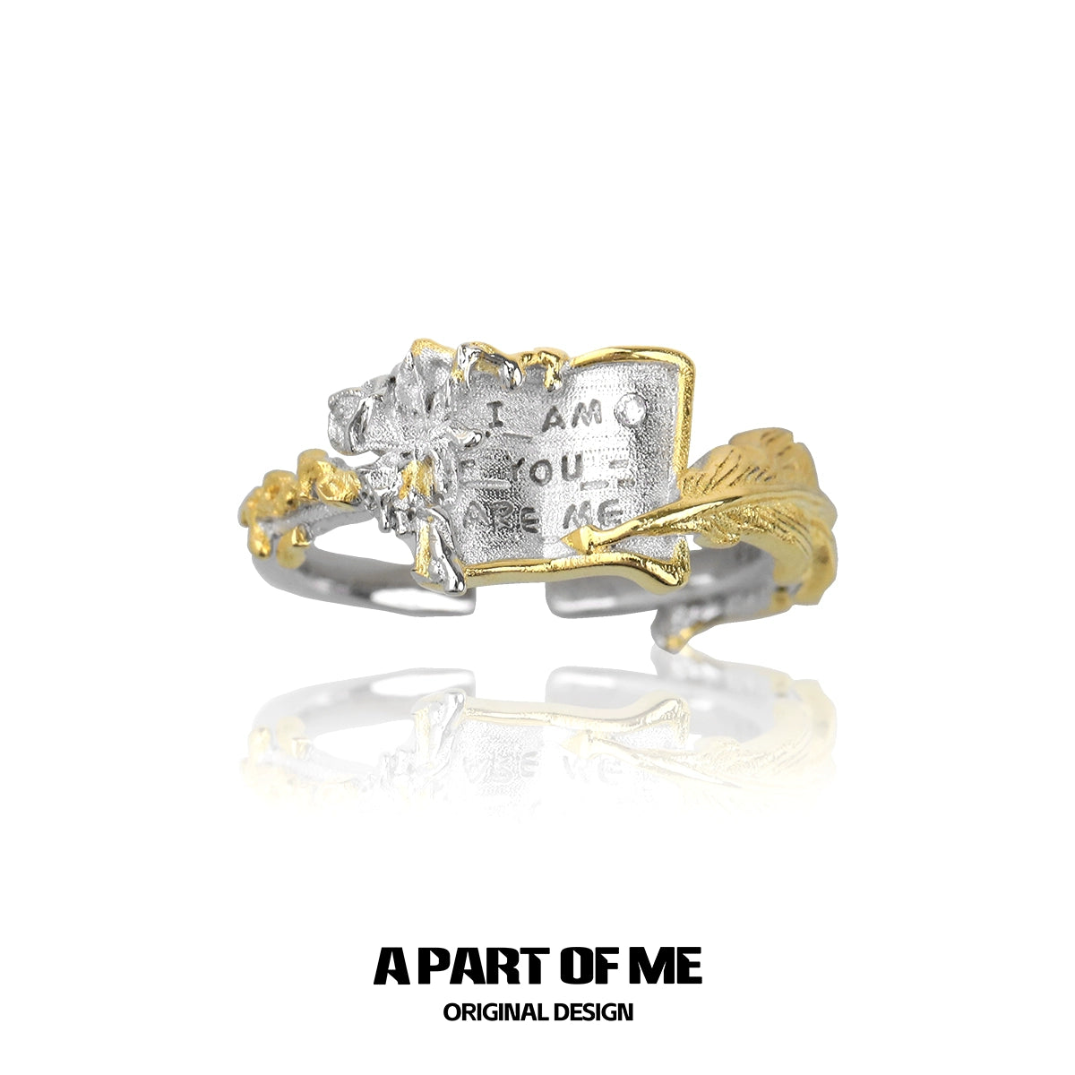 Feather rose engraved ring by A PART OF ME with intricate detailing and silver and gold design