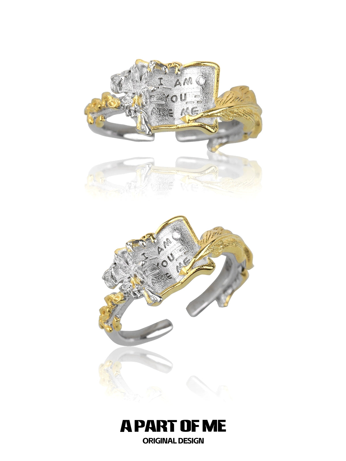 Feather rose engraved ring by A PART OF ME, featuring intricate design and mixed metal finishes
