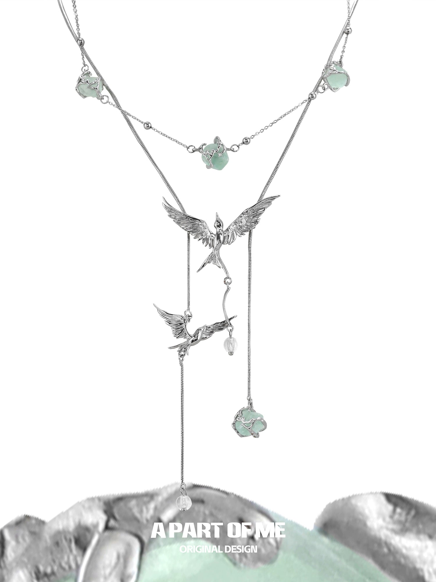 Flying bird fluorite necklace by A PART OF ME featuring delicate bird charms and sparkling fluorite accents