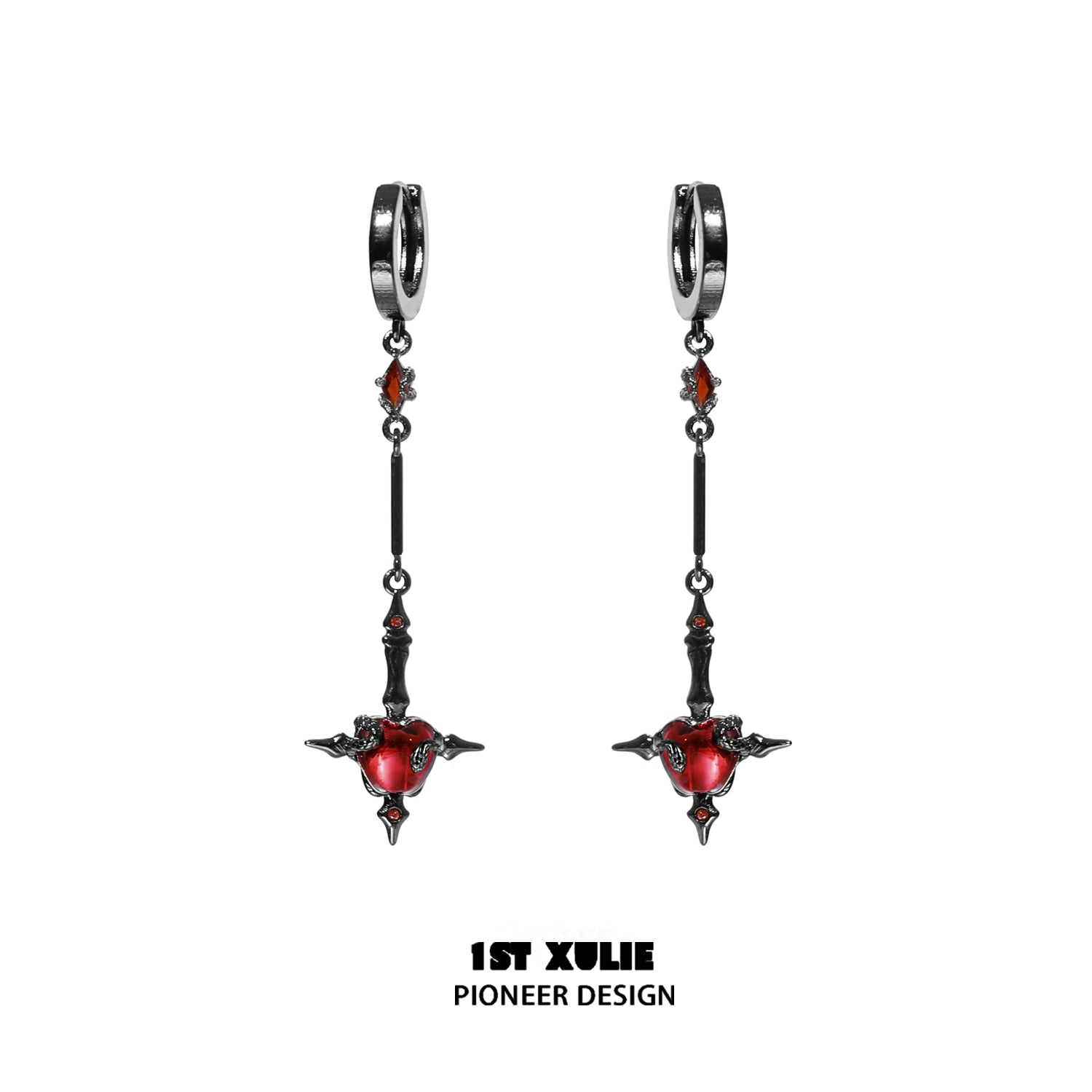 1ST XULIE forbidden apple serpent earrings with intricate design featuring red apple and snake details