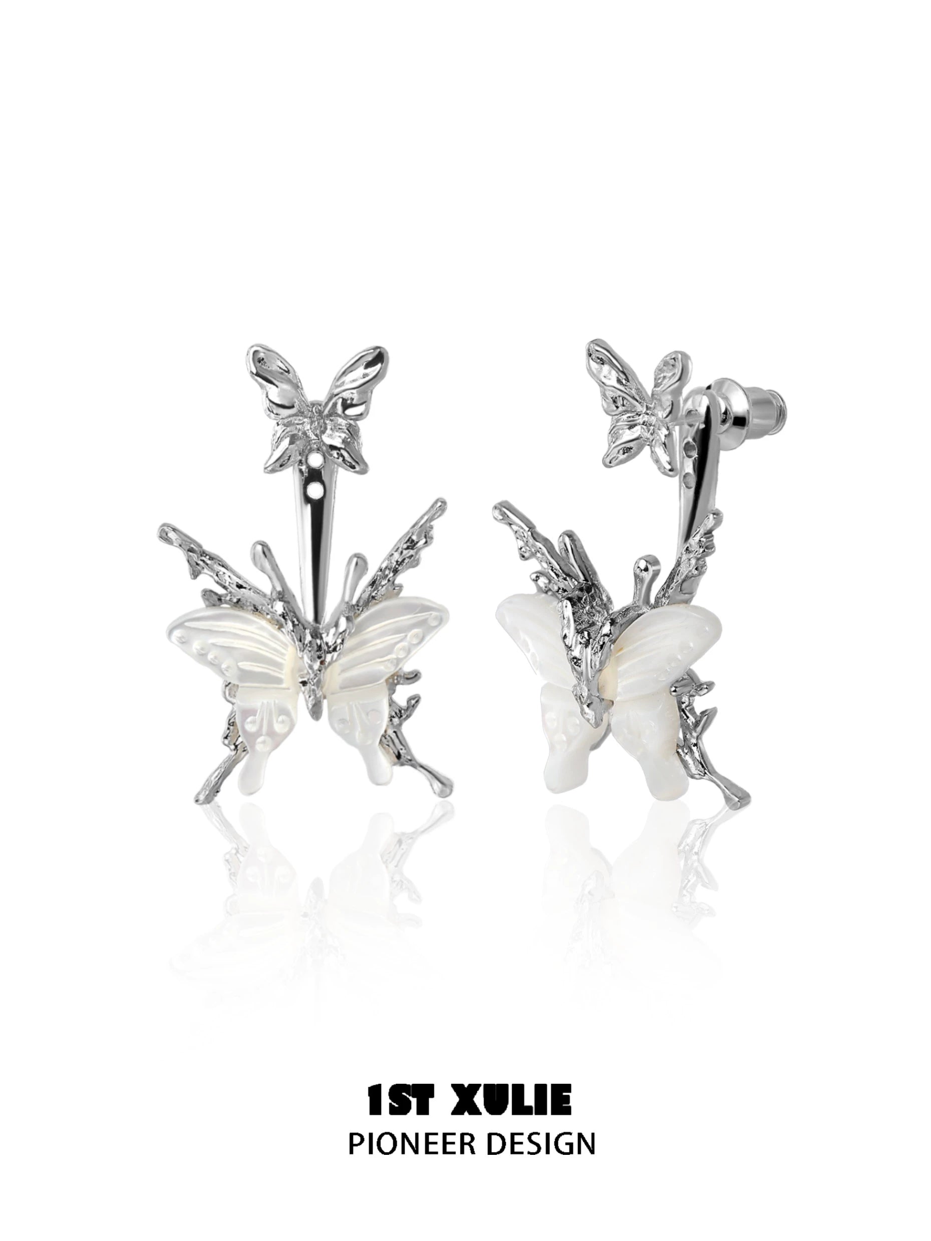 Futuristic butterfly earrings with silver detailing and intricate designs for a unique look