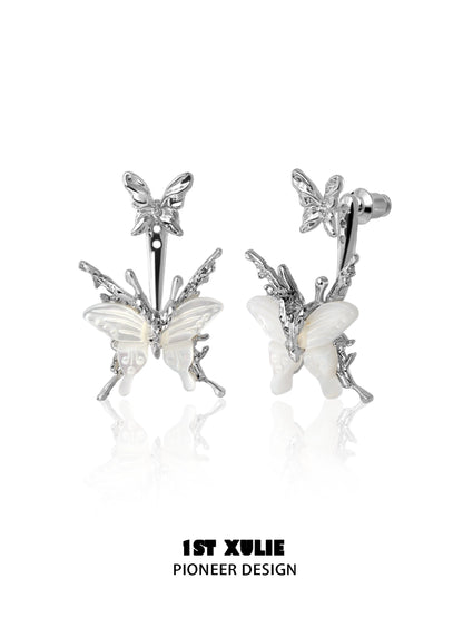 Futuristic butterfly earrings with silver detailing and intricate designs for a unique look