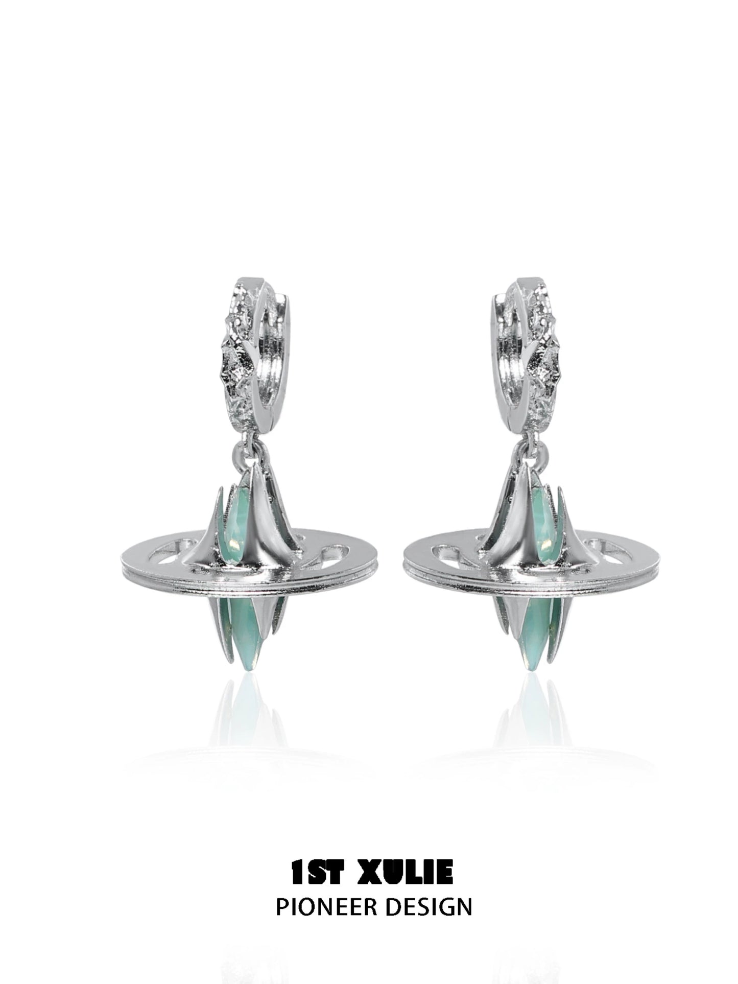 Futuristic dream core earrings in silver with mint green accents and unique design for modern fashion enthusiasts