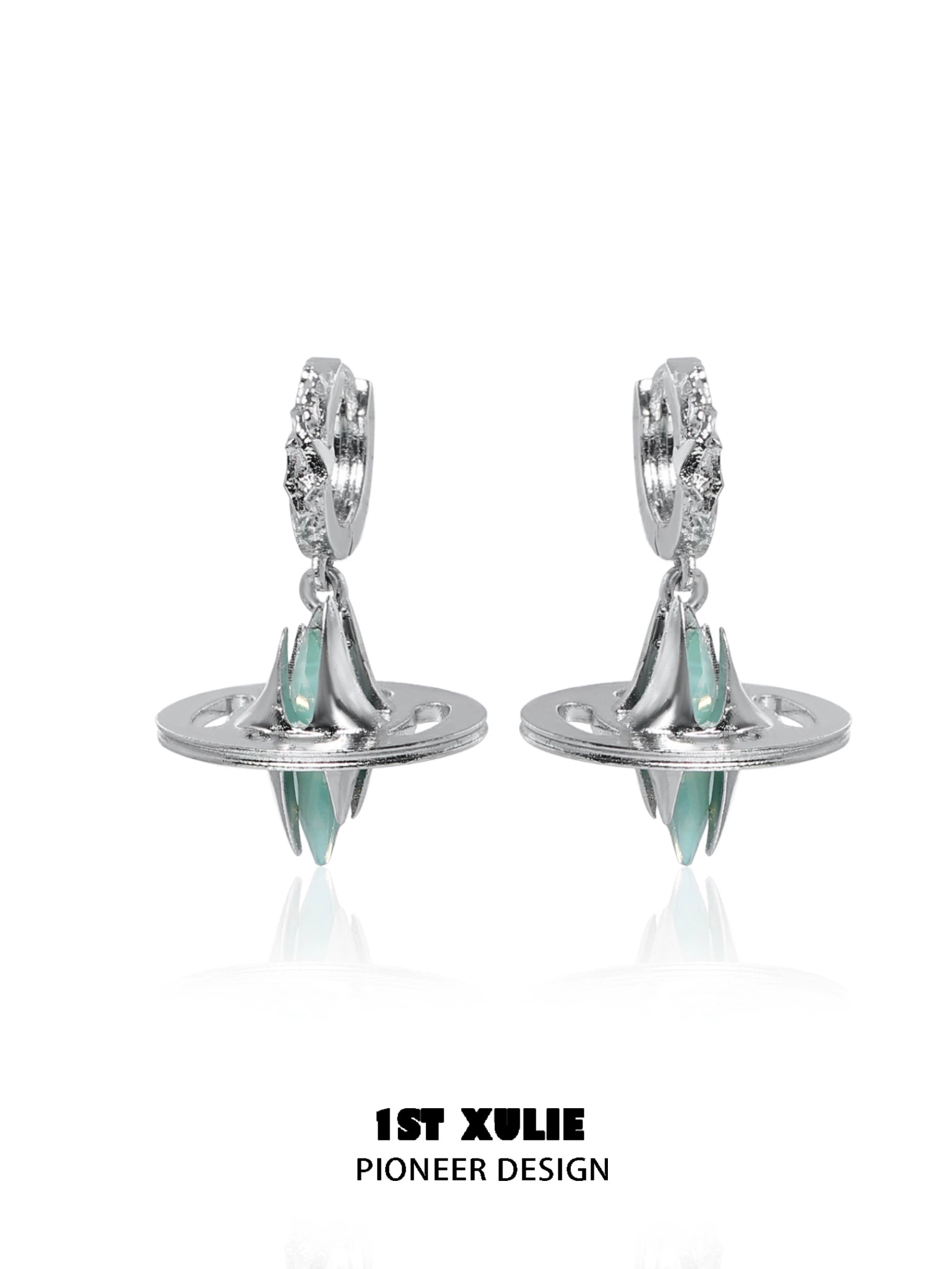 Futuristic dream core earrings in silver with mint green accents and unique design for modern fashion enthusiasts
