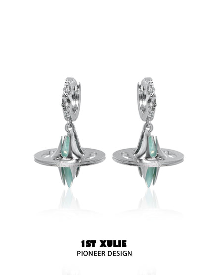 Futuristic dream core earrings in silver with mint green accents and unique design for modern fashion enthusiasts