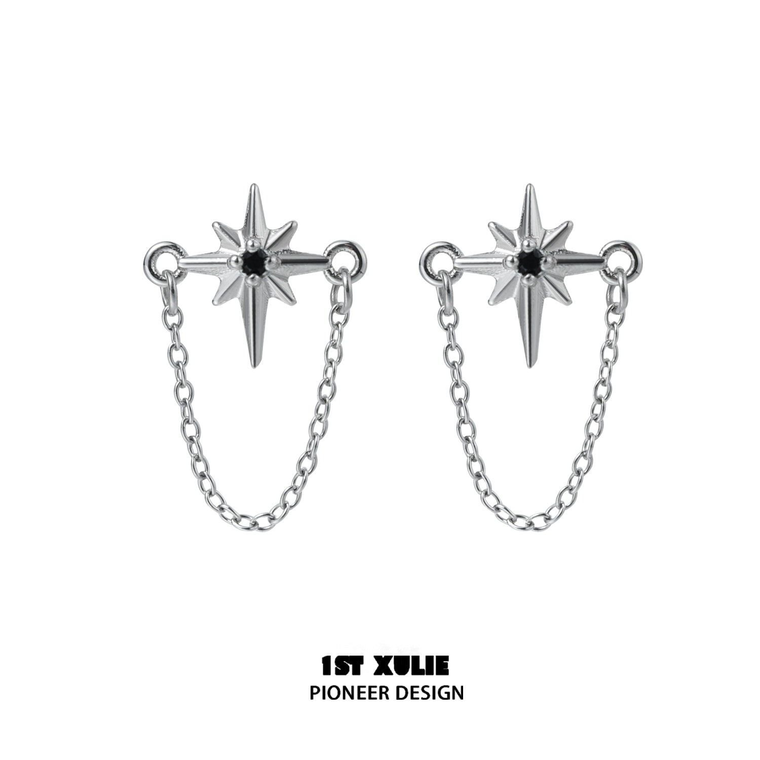 Futuristic star chain earrings in silver with striking star design and connecting chain