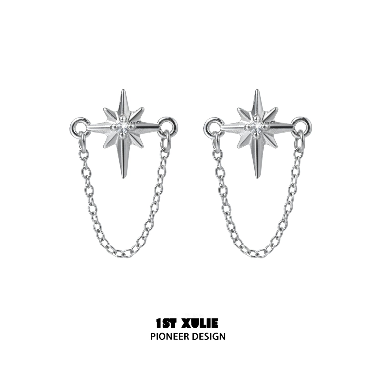 Futuristic star chain earrings with a silver finish and delicate chain design
