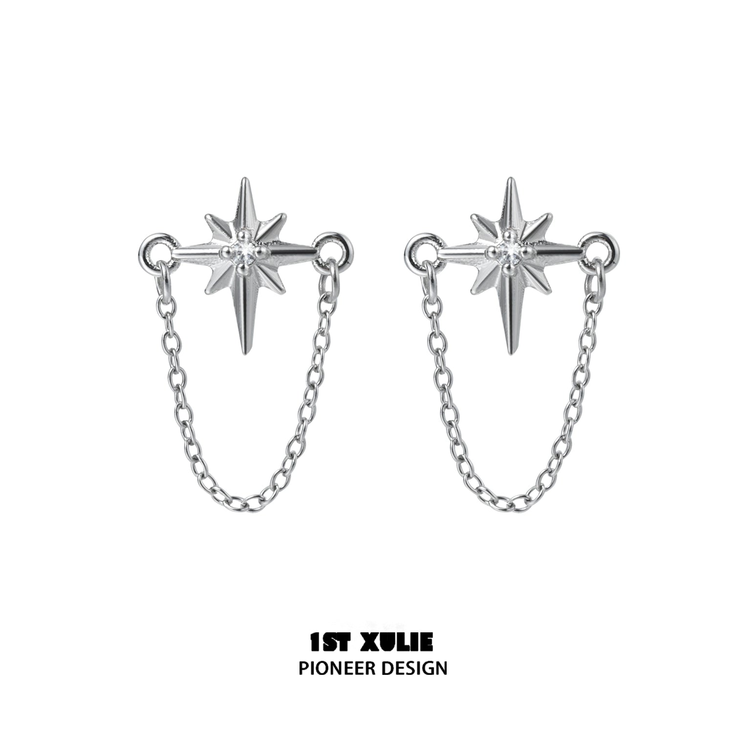 Futuristic star chain earrings with a silver finish and delicate chain design