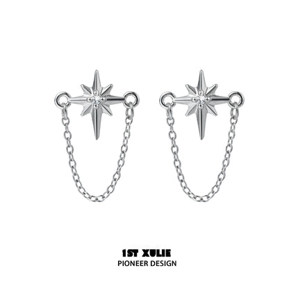 Futuristic star chain earrings with a silver finish and delicate chain design