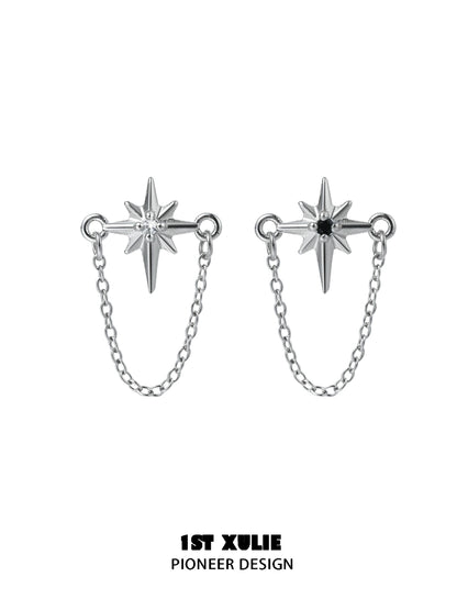Futuristic star chain earrings with silver star details and connecting chains for a unique look