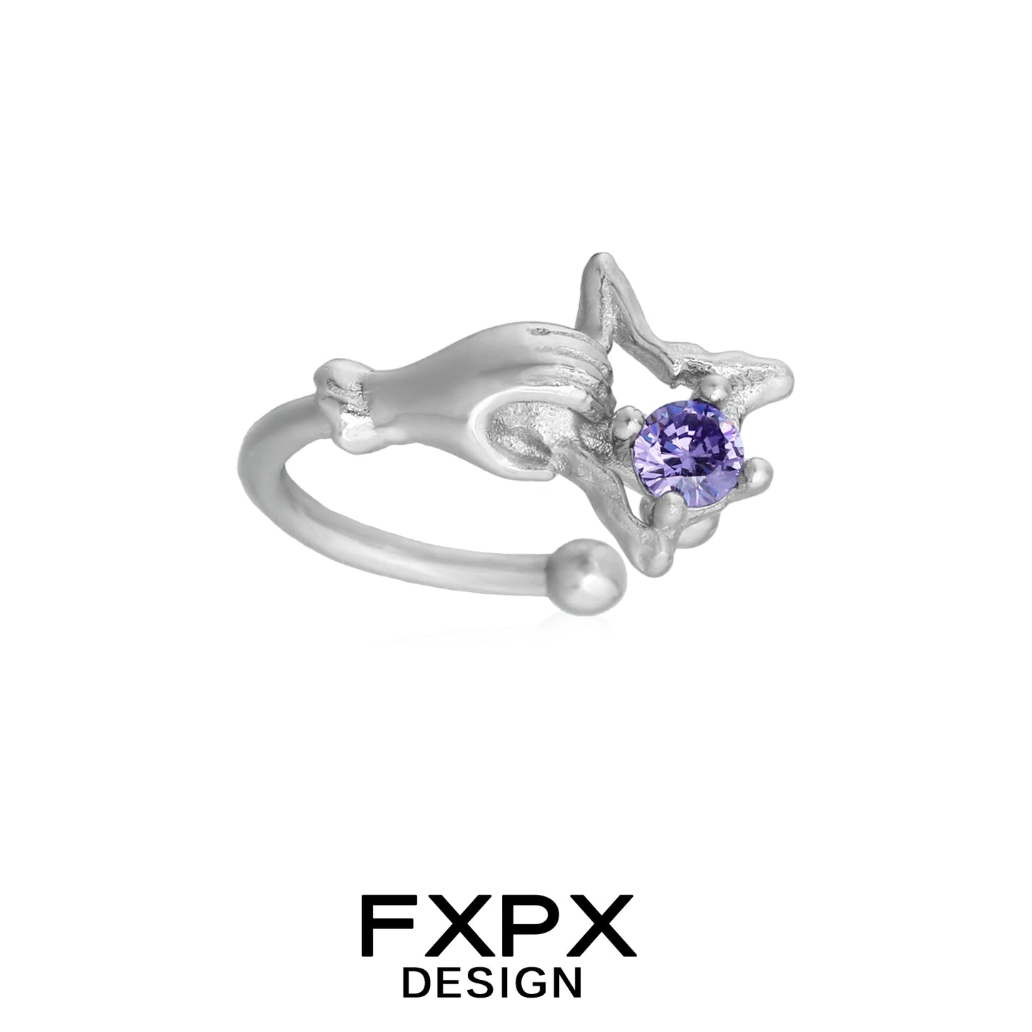 FXPX amethyst hand ear cuff in silver design featuring a delicate hand silhouette