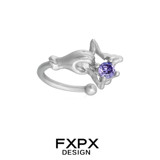 FXPX amethyst hand ear cuff in silver design featuring a delicate hand silhouette
