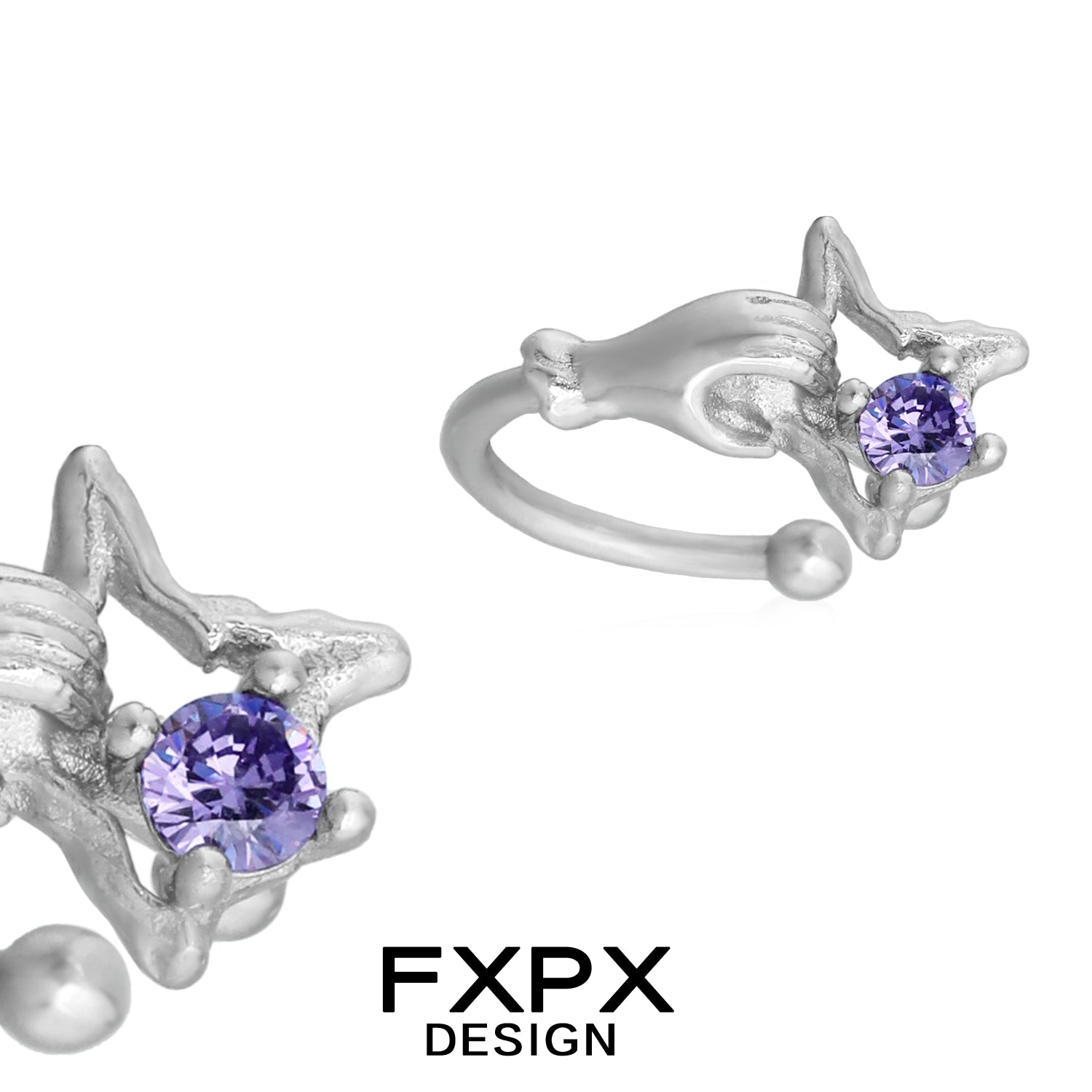 Silver FXPX amethyst hand ear cuff featuring a beautiful purple gemstone for a stylish look