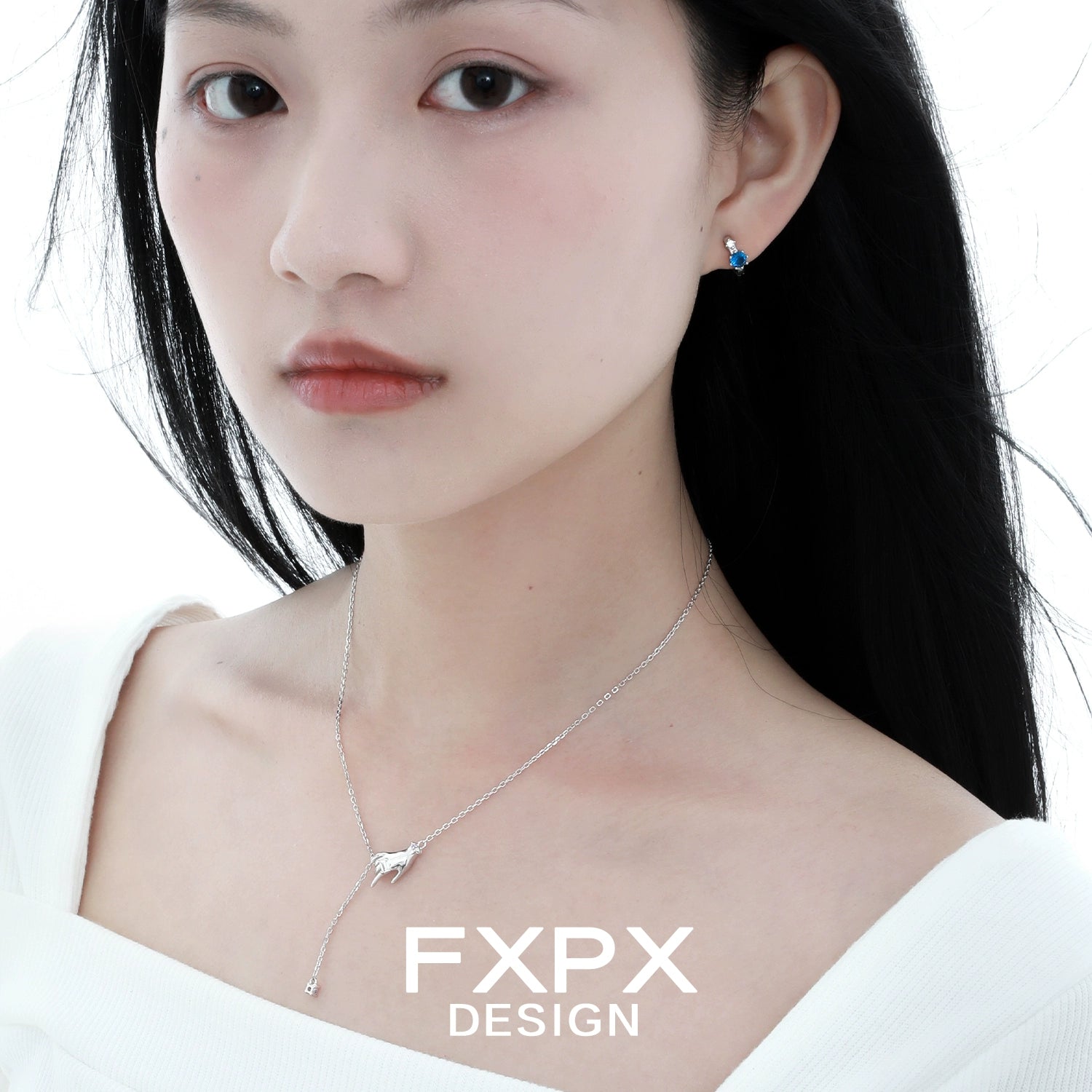 Elegant angel hand amethyst necklace from FXPX, showcasing a delicate design worn by a model.