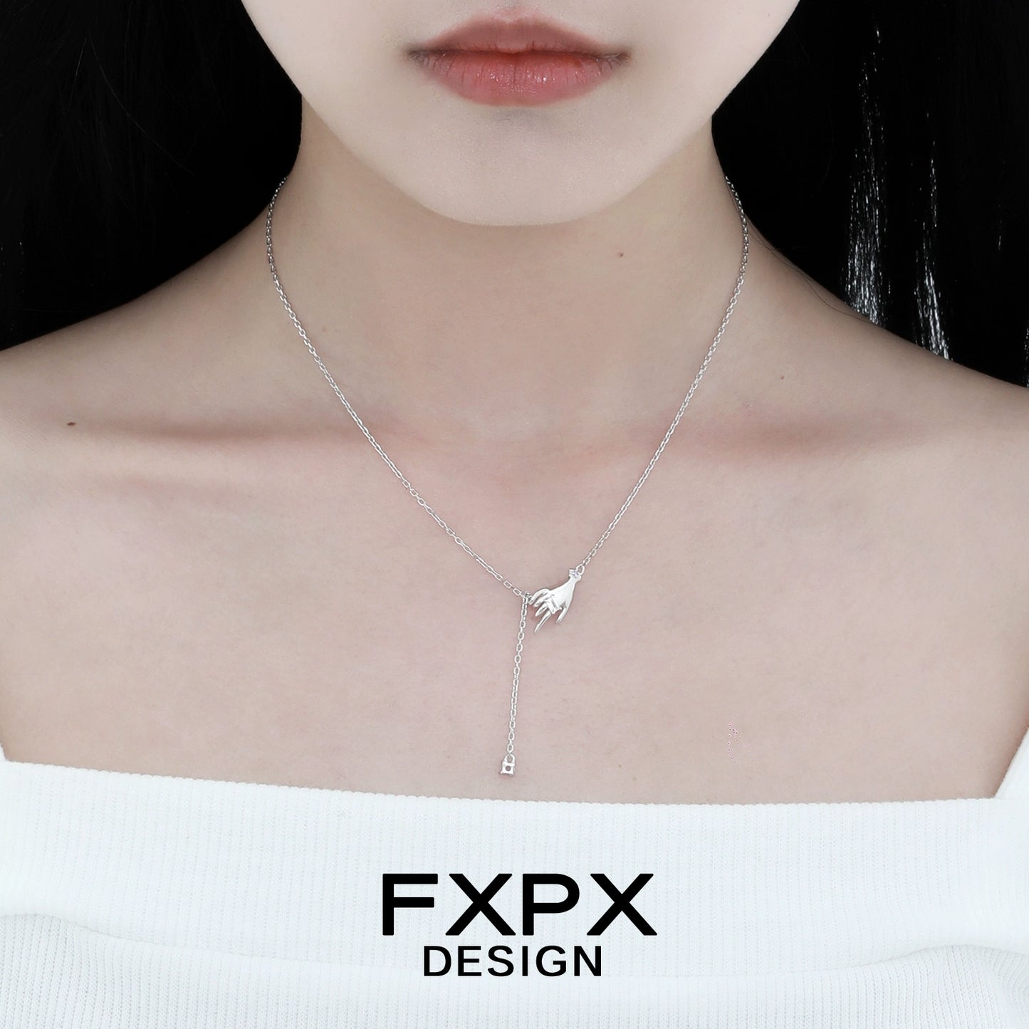 FXPX angel hand amethyst necklace featured on a model, showcasing its elegant design and craftsmanship
