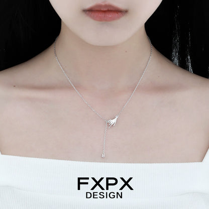 FXPX angel hand amethyst necklace featured on a model, showcasing its elegant design and craftsmanship