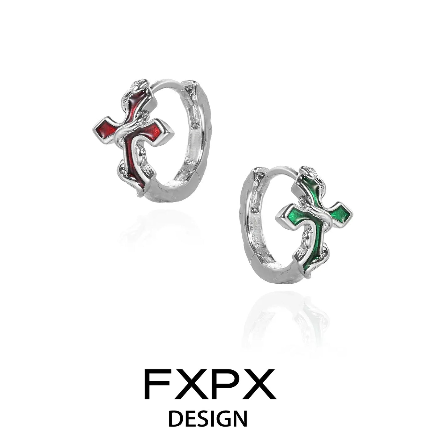 FXPX bloody doll jewelry gothic cross snake earrings with red and green enamel details