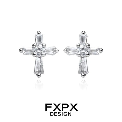 FXPX bloody doll jewelry gothic cross stud earrings with clear crystal stones in silver setting