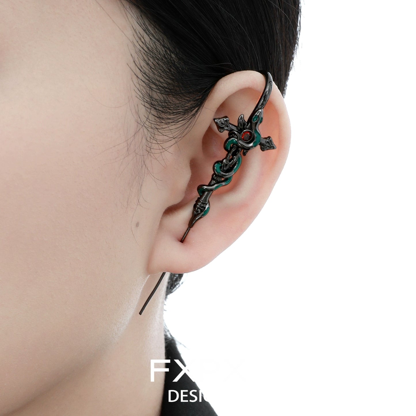 Bloody doll jewelry gothic snake pierced earrings worn on ear with black and red ornate design