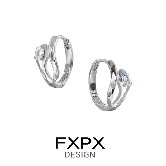 Stylish FXPX blue and white serpentine zircon earrings with elegant twisted design