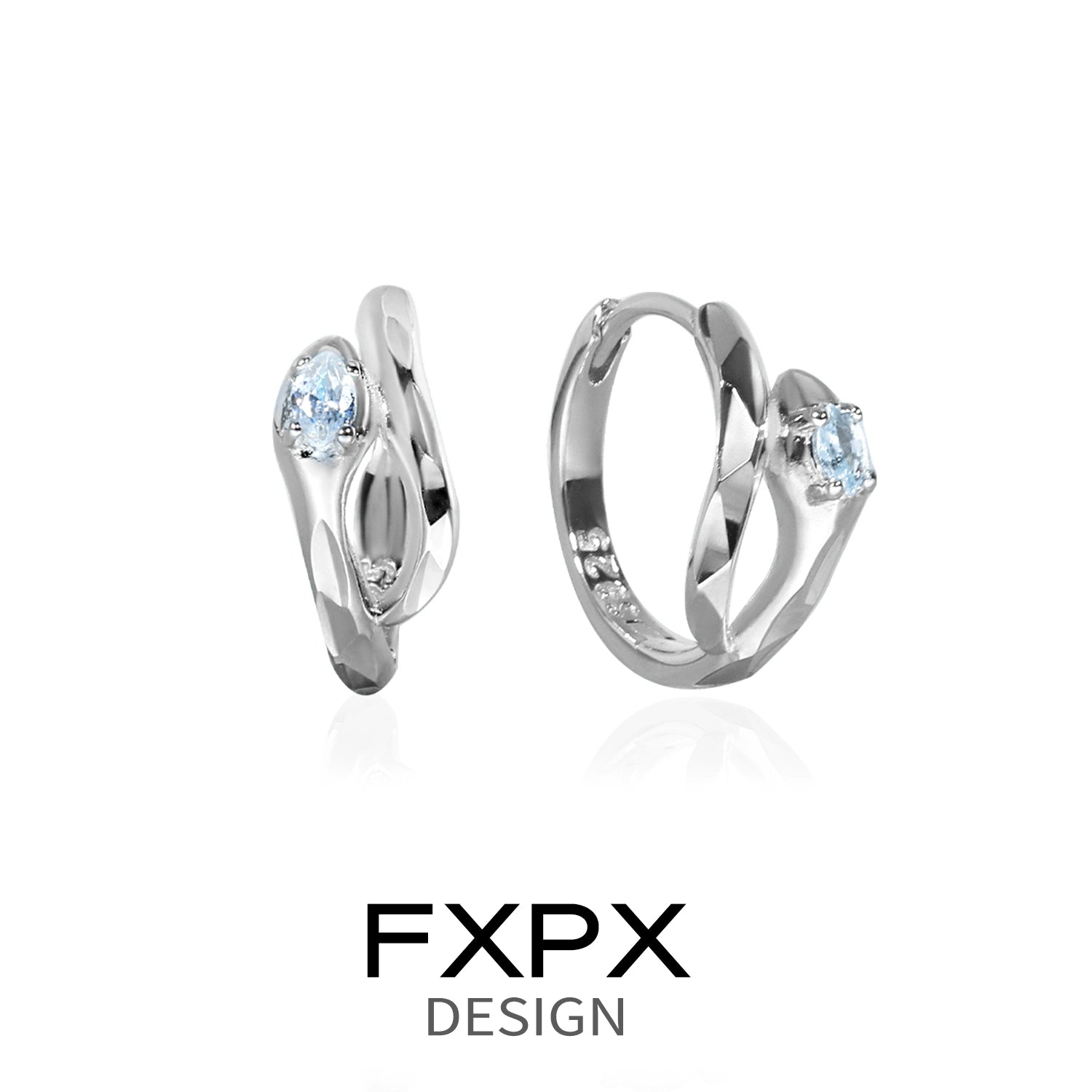 Elegant FXPX blue and white serpentine zircon earrings in a modern twist design