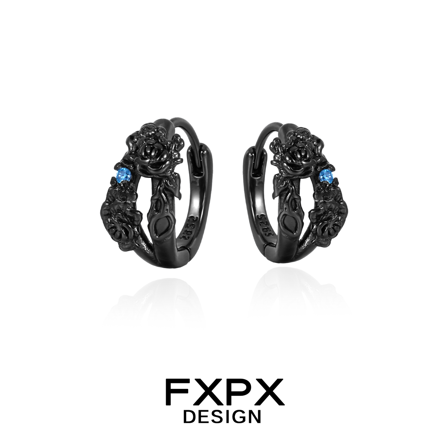 FXPX blue black rose stud earrings featuring intricate rose designs and blue accents