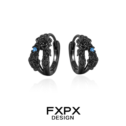 FXPX blue black rose stud earrings featuring intricate rose designs and blue accents