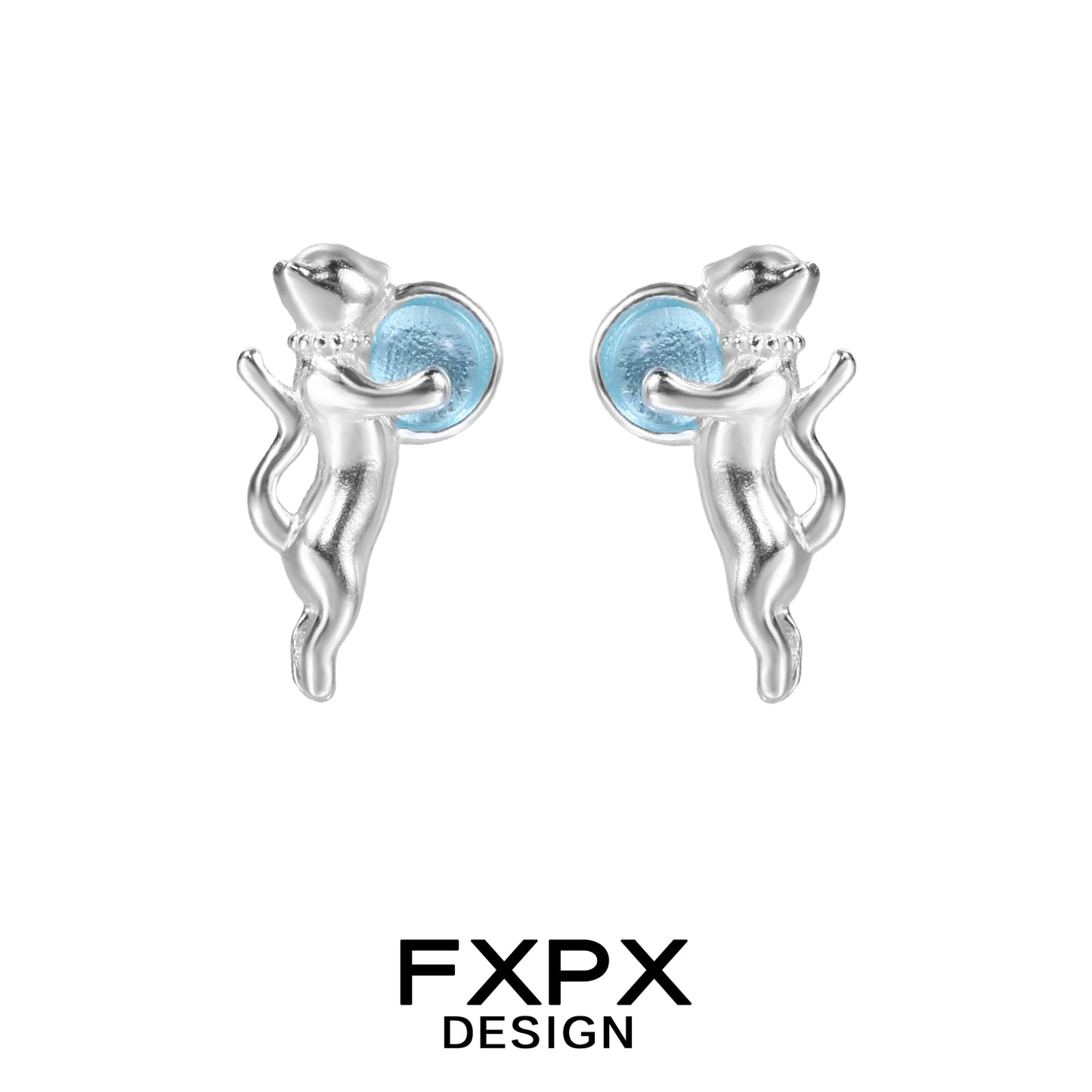 FXPX silver blue cat earrings with blue accents for a playful and stylish look