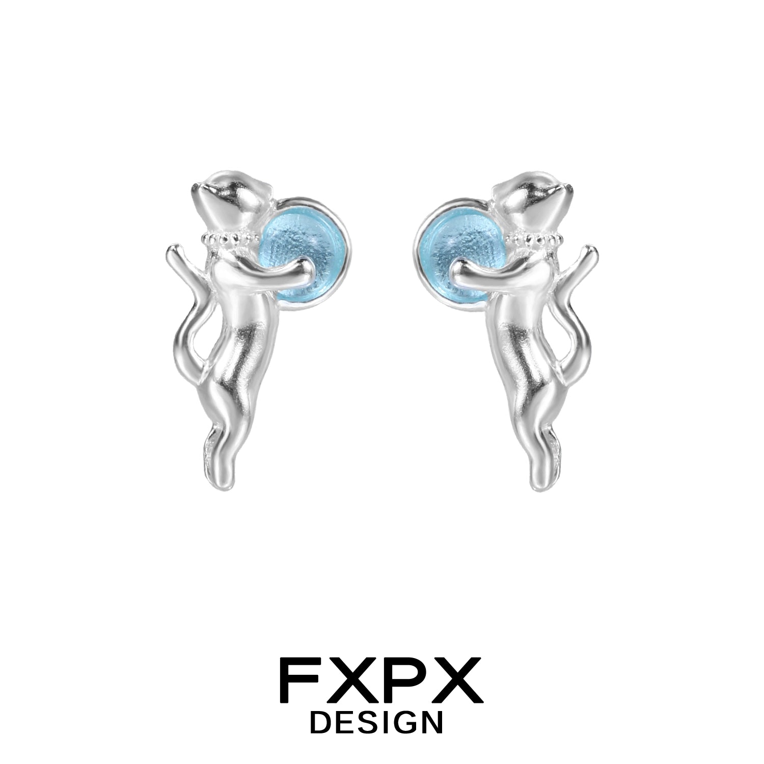 FXPX silver blue cat earrings with blue accents for a playful and stylish look