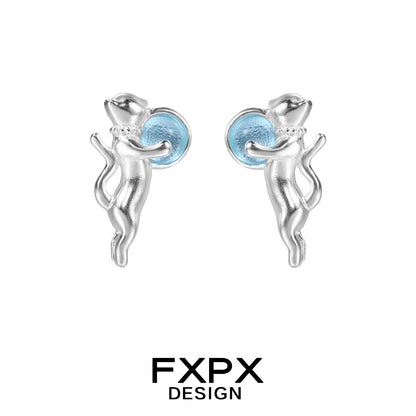FXPX silver blue cat earrings with blue accents for a playful and stylish look