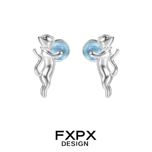 FXPX silver blue cat earrings with blue accents for a playful and stylish look