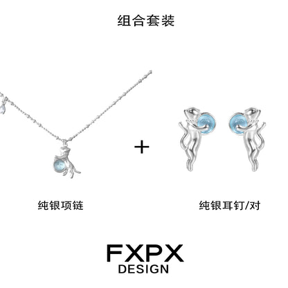 FXPX blue cat pendant necklace with silver chain and matching cat earrings set