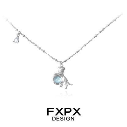 Silver FXPX blue cat pendant necklace with a blue gemstone and teardrop charm