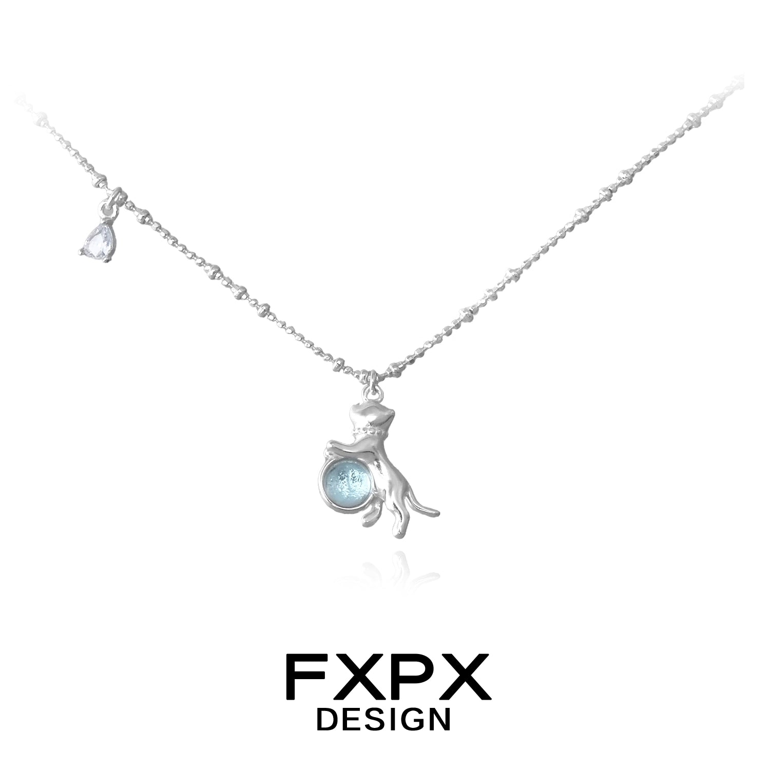FXPX blue cat pendant necklace with shimmering blue jewel for cat lovers