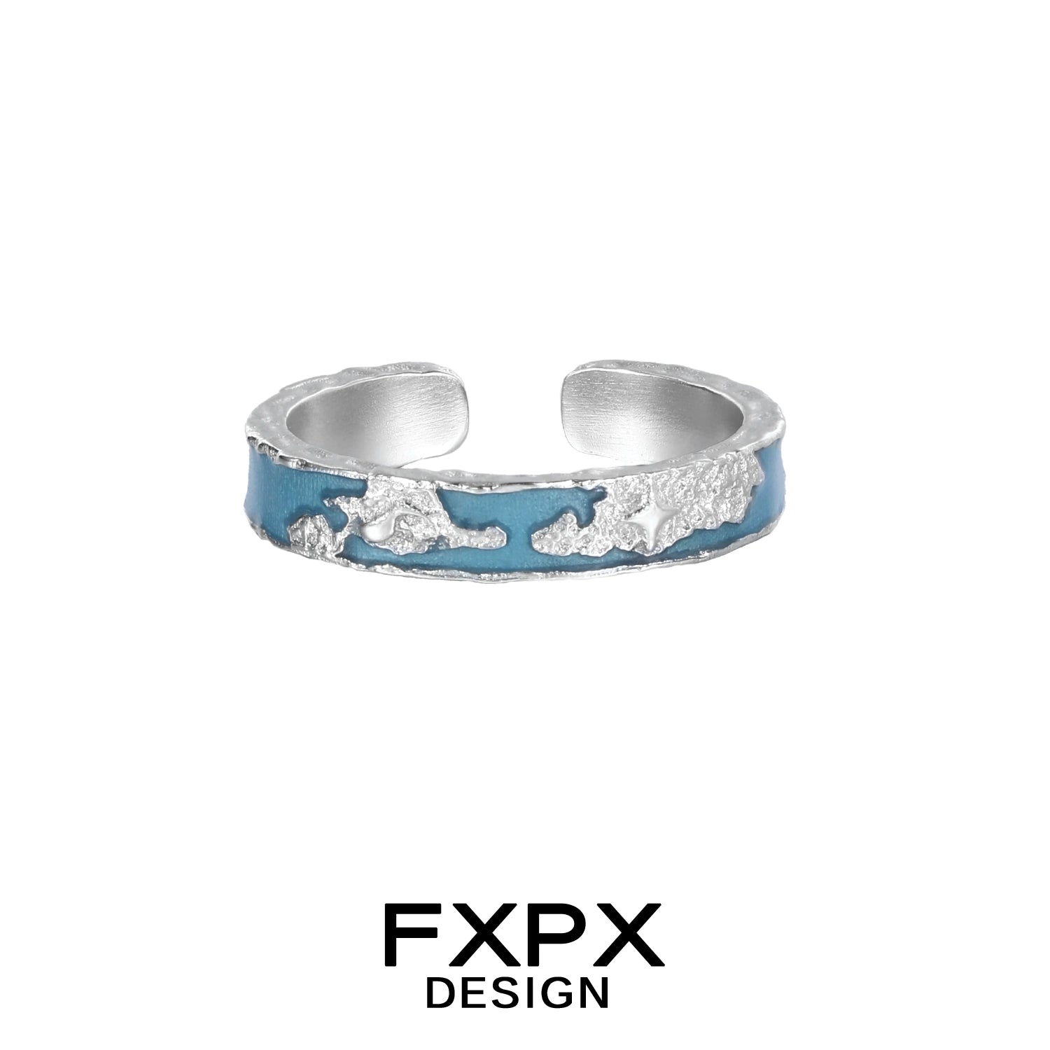 FXPX blue planet puzzle ring with a textured silver finish and vibrant blue enamel detail