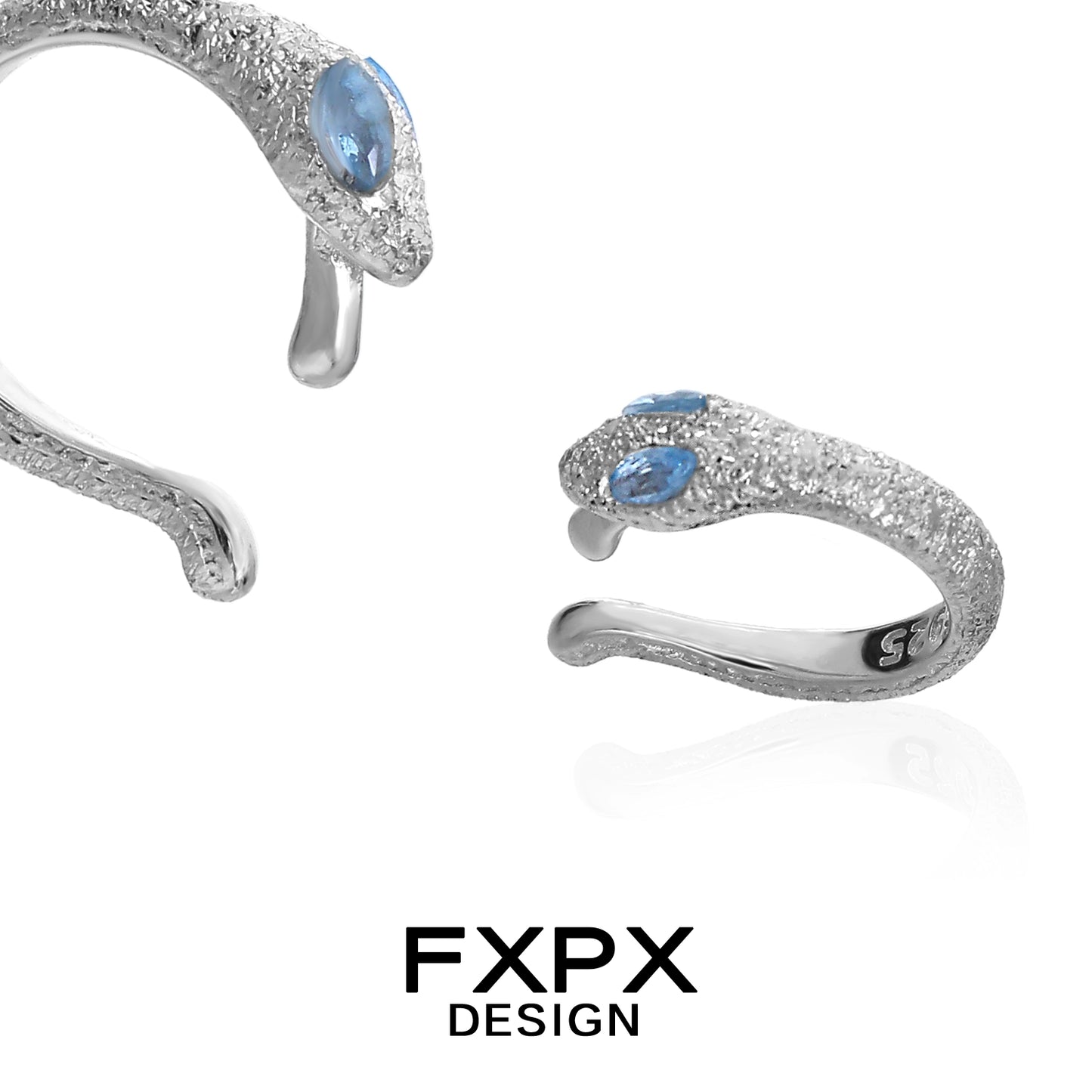 FXPX blue snake ear cuff in silver with sparkling details and blue gemstone eyes