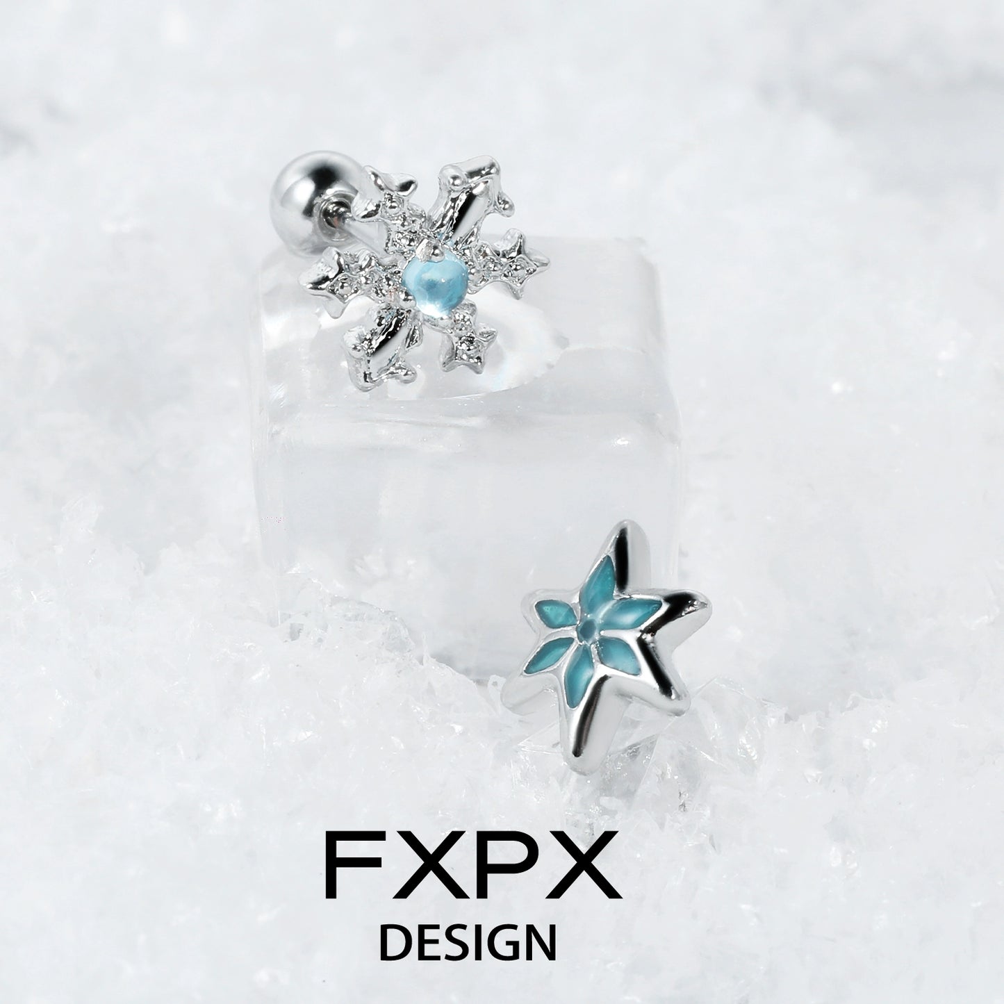 FXPX blue snowflake earrings with elegant design featuring sparkling accents and a light blue gem