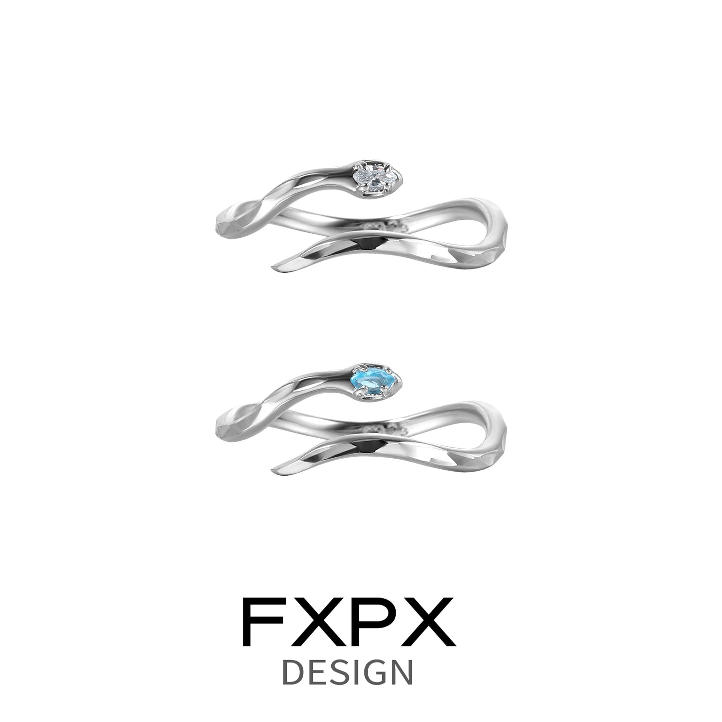 Stylish FXPX blue white snake ring with a unique twisting design and elegant gemstones