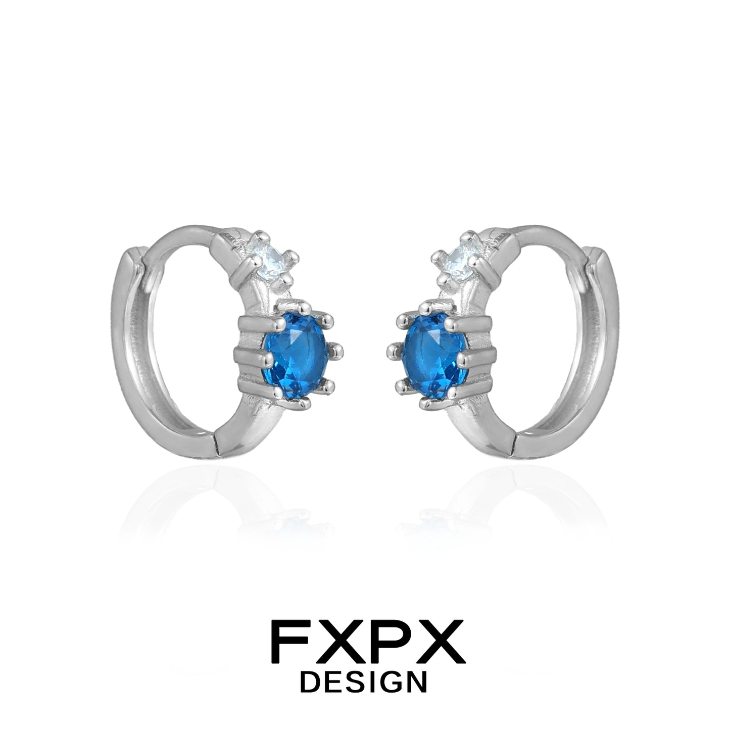 Stylish FXPX silver hoop blue zircon earrings featuring sparkling accents for elegant look
