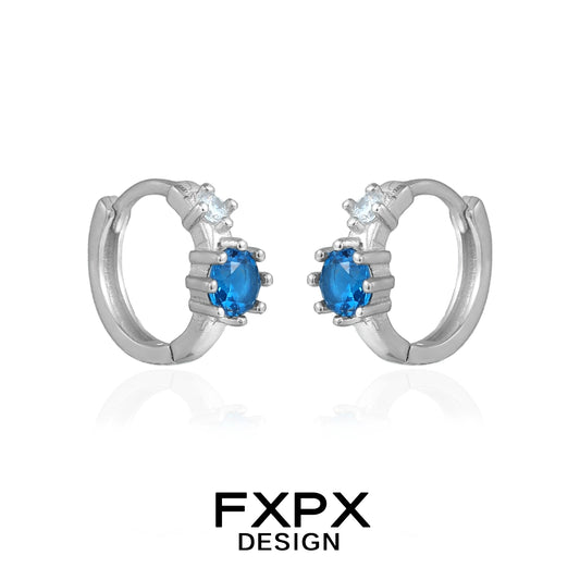 Stylish FXPX silver hoop blue zircon earrings featuring sparkling accents for elegant look