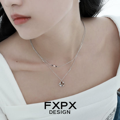 Elegant FXPX brown plaid punk necklace layered with delicate silver chains