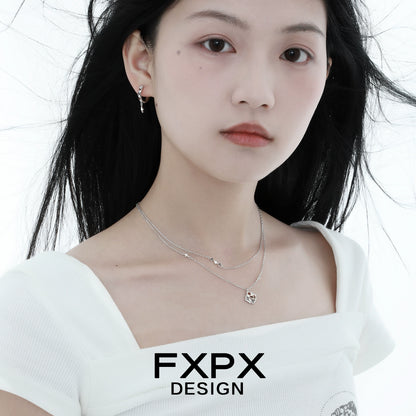 FXPX brown plaid punk necklace layered with silver chain for a stylish statement look