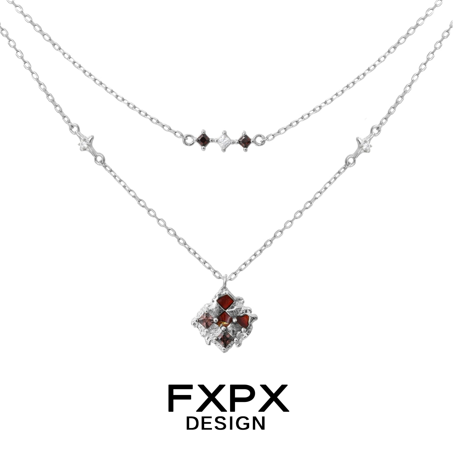 FXPX double-layer silver necklace featuring a brown plaid punk necklace design with gemstone accents