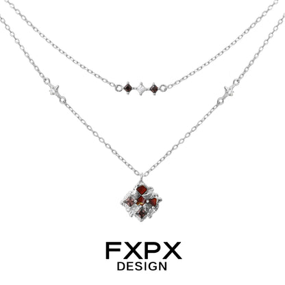 FXPX double-layer silver necklace featuring a brown plaid punk necklace design with gemstone accents