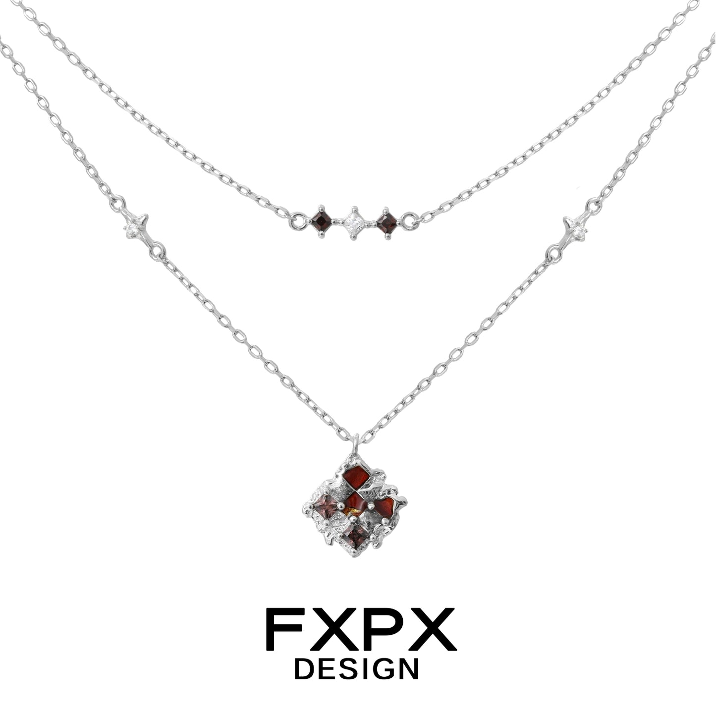 Stylish FXPX brown plaid punk necklace with layered silver chains and decorative charms
