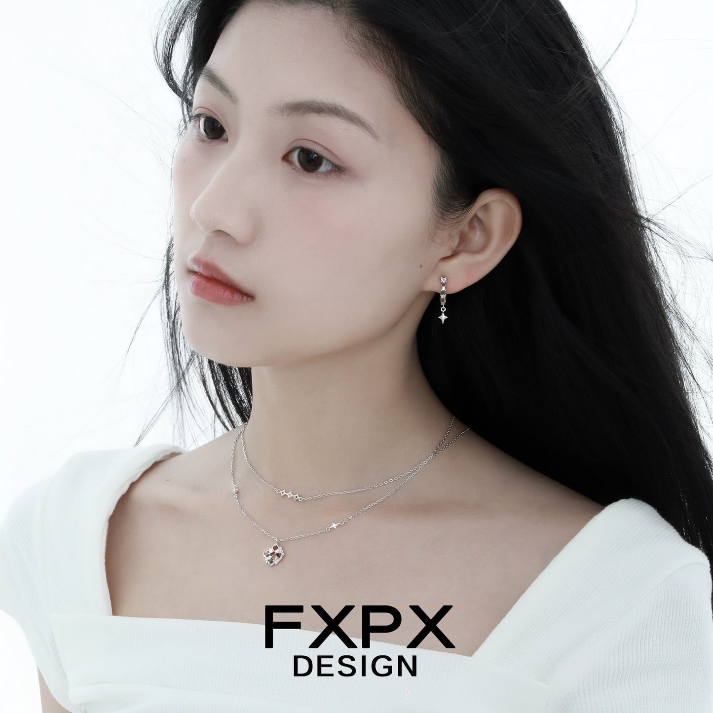 Stylish model wearing a brown plaid punk necklace with layered silver chains and charms